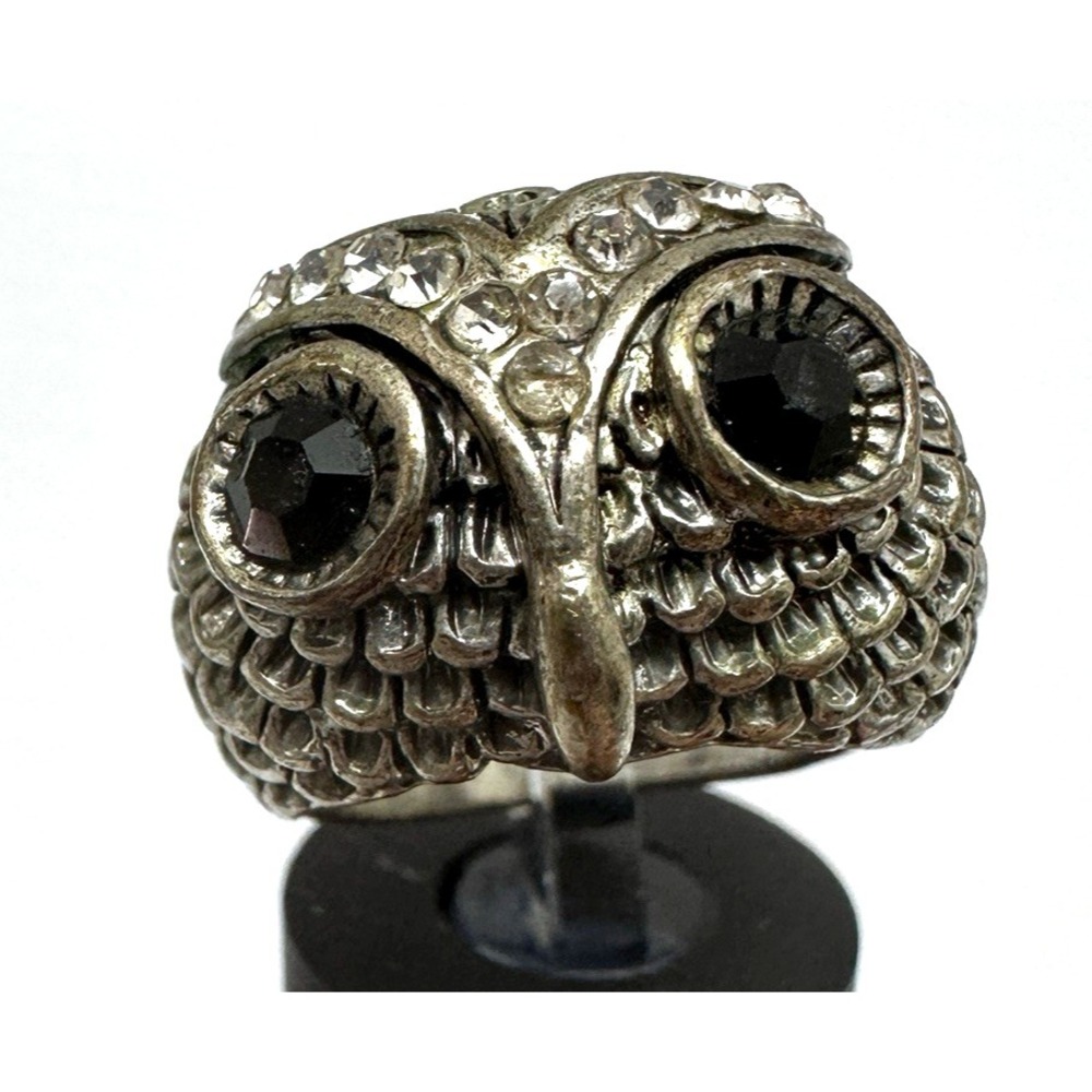 Owl Ring detailed Silver Tone Rhinestone Eyes Statement Ring Size ~5.5